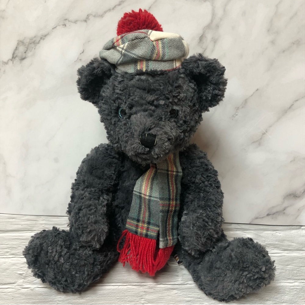 2015 Hudson’s Bay Scottish Plush Dark Gray Teddy Bear with Plaid Hat & Scarf